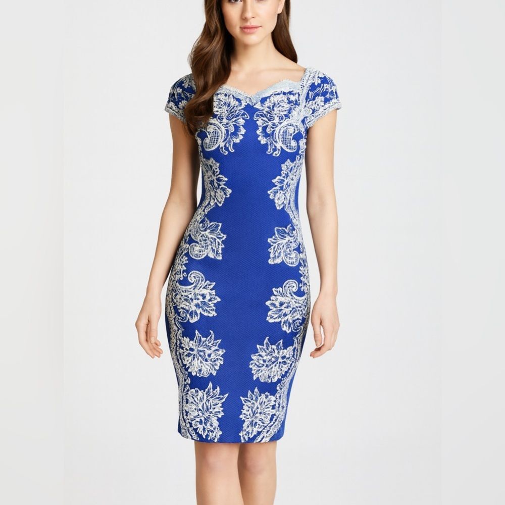 Tadashi Shoji AKT1572MX Blue White Lace Sheath Cocktail Dress S